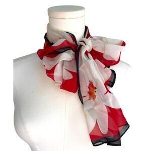 Echo Vintage Long Lightweight Flowy Scarf Red Blue White Floral Sheer Twee